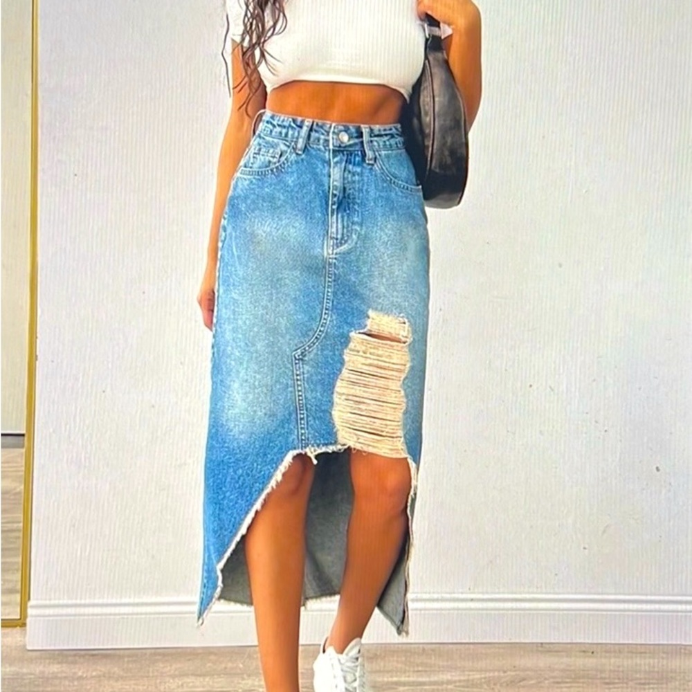 Whats's Hot!! Super Cute Boho Asymmetrical Midi Distressed Denim Skirt! 🛍️😍🔥 - Picture 14 of 14